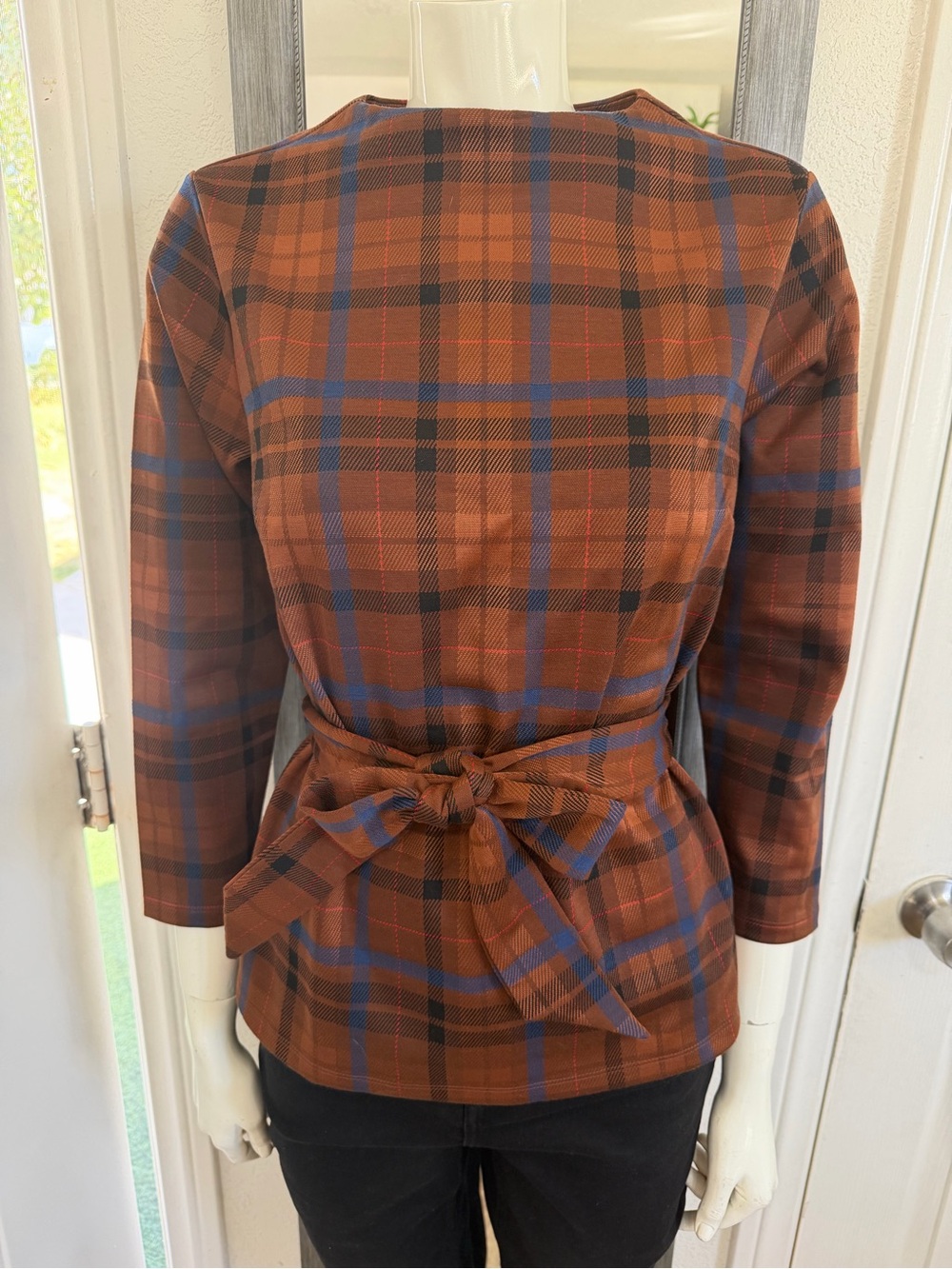 Ann Taylor Plaid Tie-Waist Tunic in Rust, Blue and Black